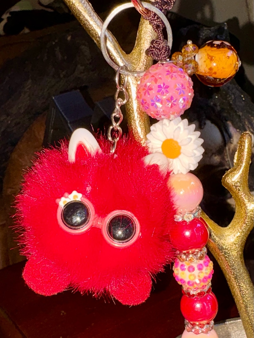 Red Fuzzy Pom Pom cat with Sunglasses and beaded bag charm